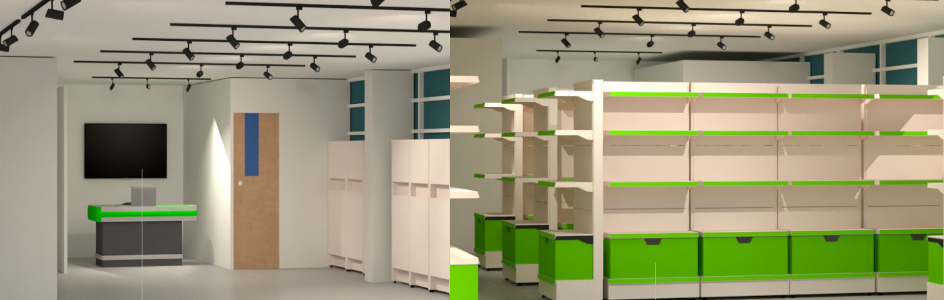 Lighting, display racks and integrated restocking drawers.