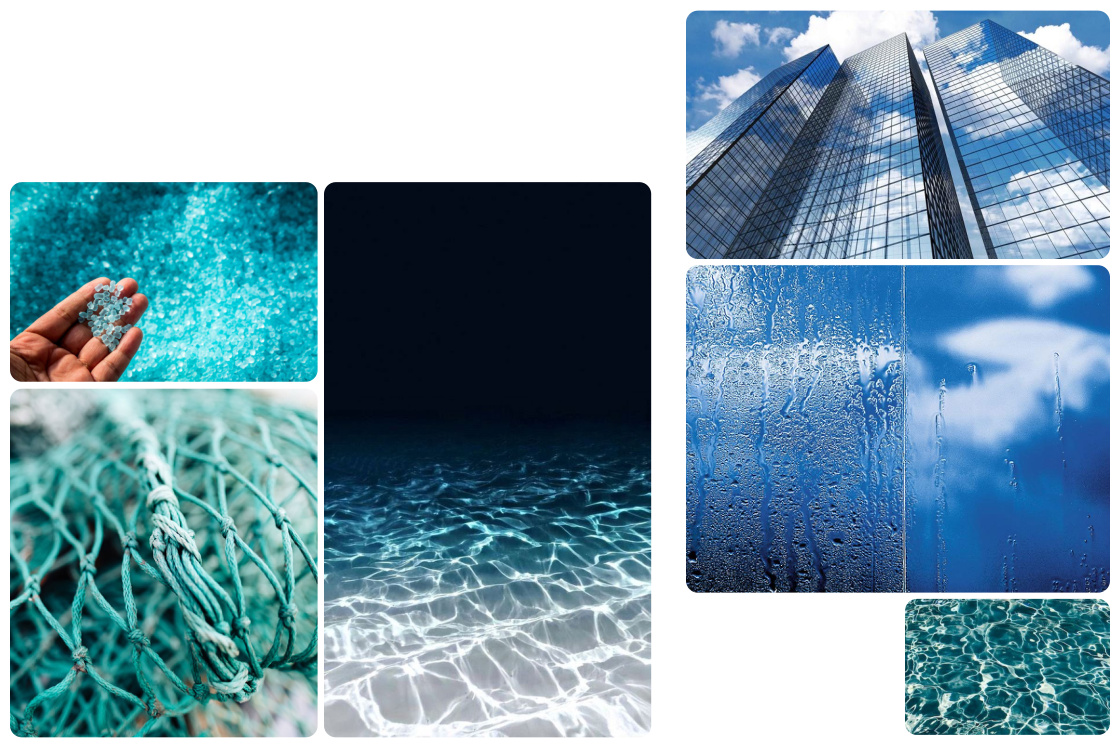 Mood board — colour, water, texture and calm.