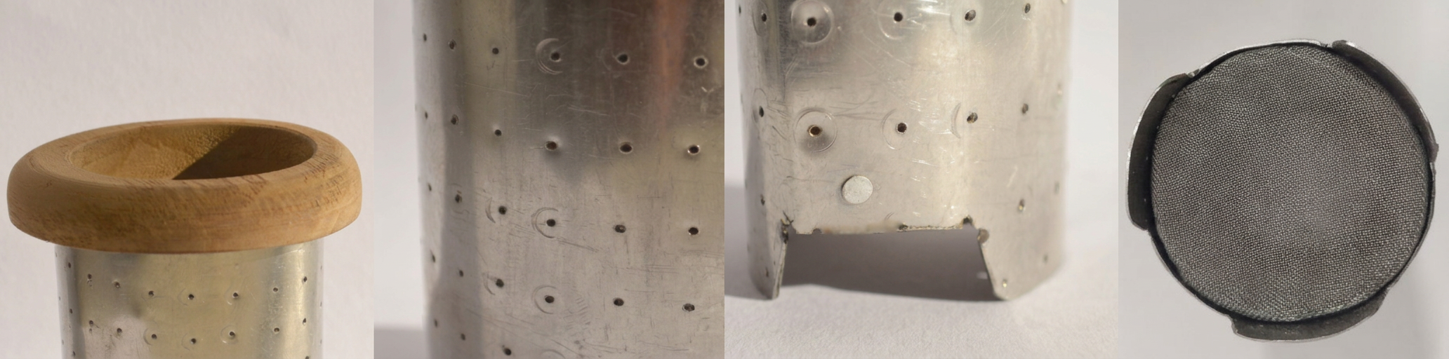 The wooden handle, perforated body, tripod support and mesh.